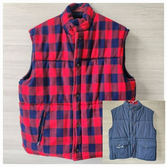 Vintage Appalachian Trail Reversible Buffalo Plaid Navy Puffer Lumberjack Vest - Picture 1 of 16